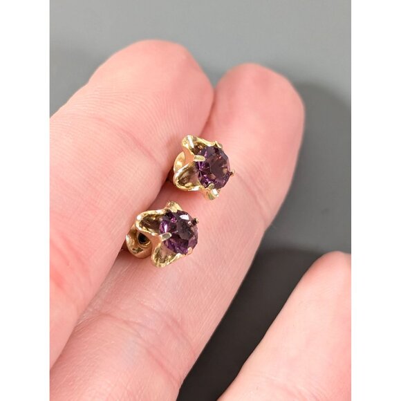 Vintage Purple Rhinestone Faux Amethyst Gold Tone Earrings Birhtstone - Picture 6 of 7